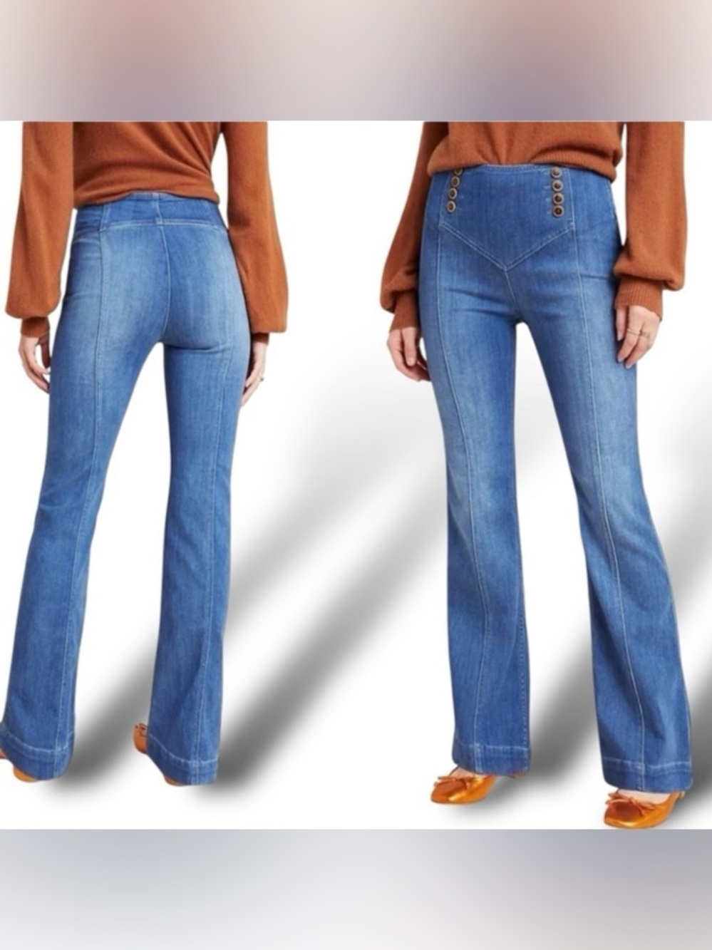 Pilcro Anthropologie High Rise Flare Jeans Button Front Sailor Wide Leg Size 27 - Picture 2 of 14